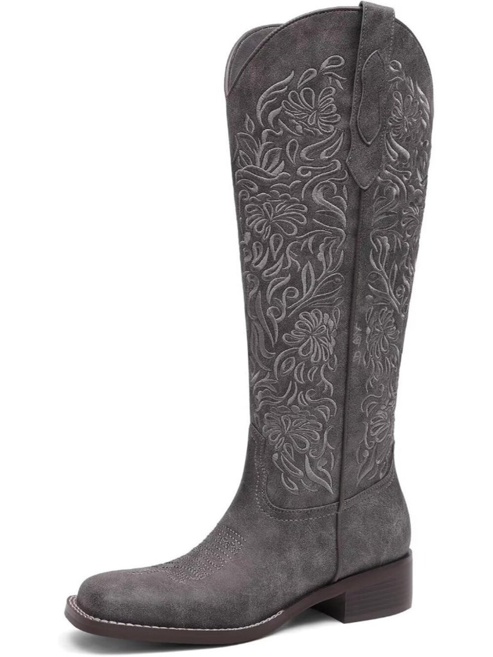 Women's Grey Casual Pull On Low Block Heel Square Toe Knee High Cowgirl Boots